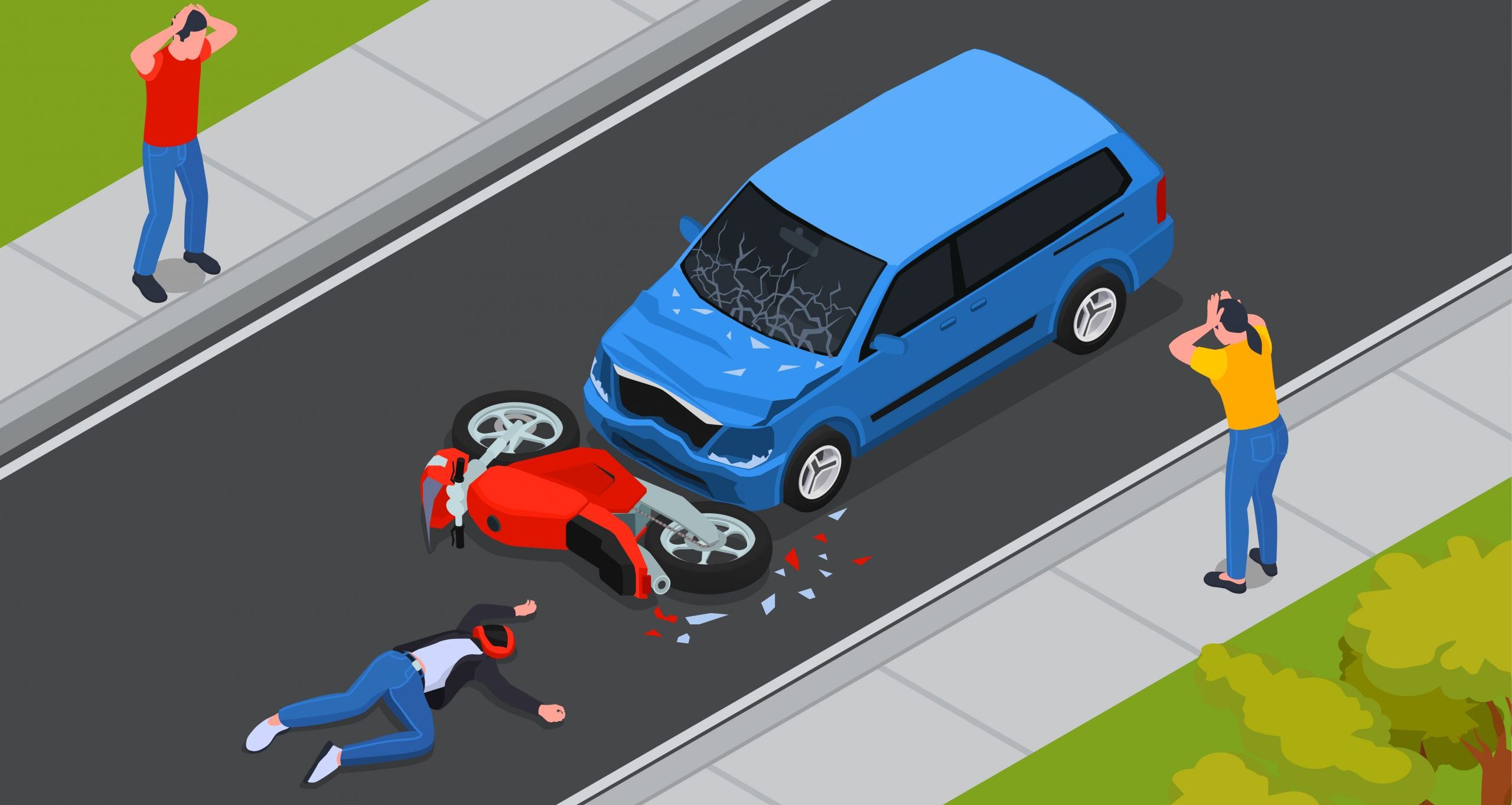 Traffic accident isometric composition with crash between car and motorcycle injured motorcyclist on road bystanders vector illustration