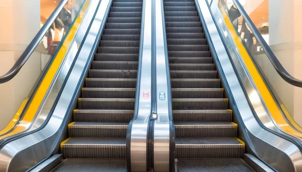A modern escalator in a commercial setting, with clear safety signs posted, inviting readers to learn about escalator safety in the accompanying article.